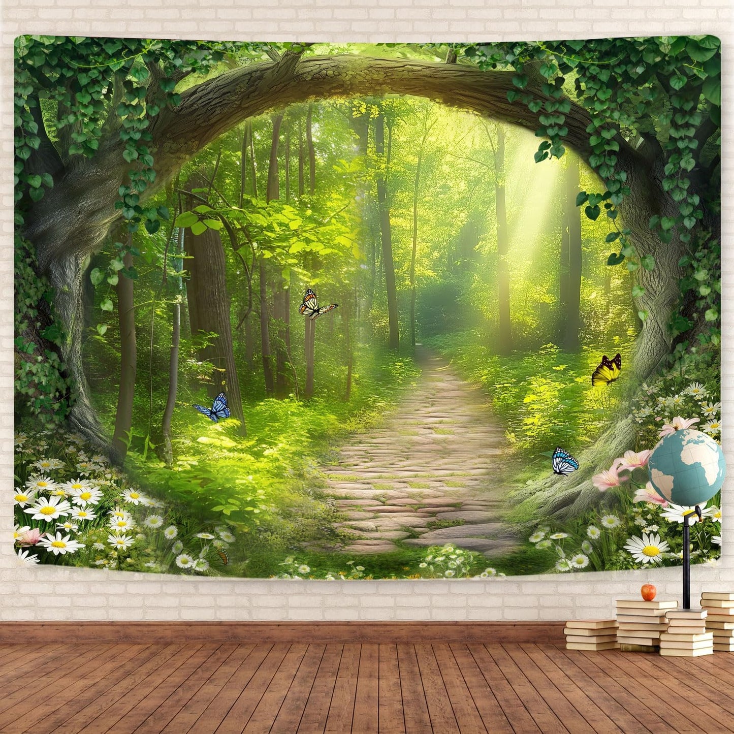 Nature Enchanted Forest Tapestry, Fantasy Green Jungle Woodland Lanscape Tapestries Wall Hanging, Psychedelic Fairy Tree Cave Forest Tapestry for Bedroom Backdrop Office, 60X40