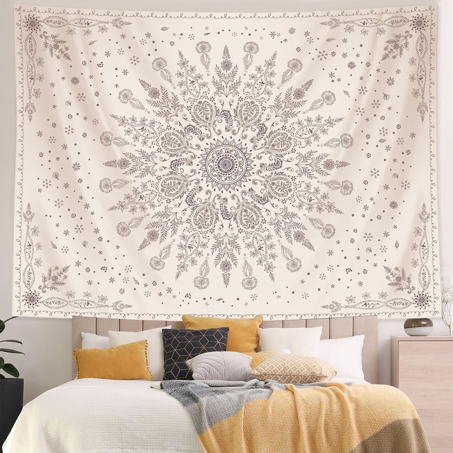 Lunerfex Boho Floral Tapestry Mandala Wall Tapestry, Cute Tapestries for Bedroom Beige Flower Tapestries Wall Hanging for Bedroom Living Room Decor Beige-1 60"x80"