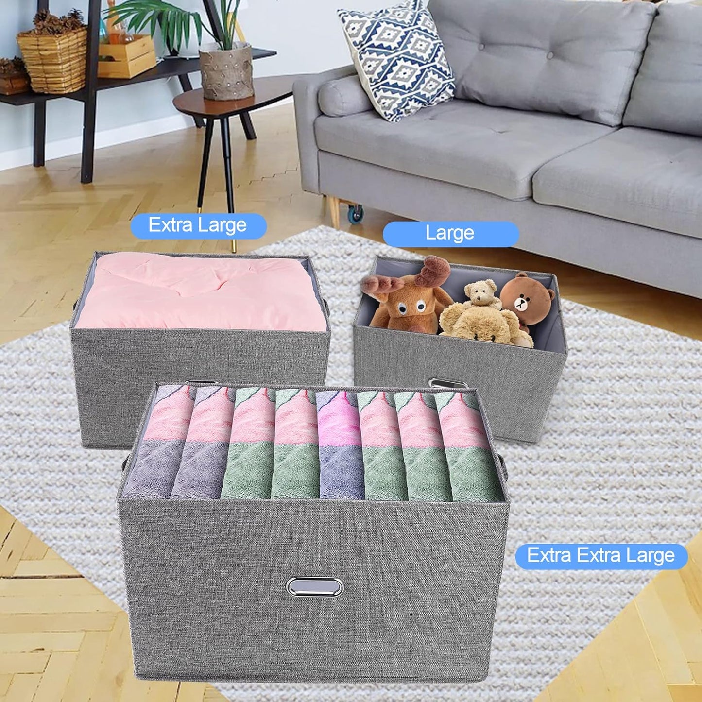 Large Linen Fabric Foldable Storage Bins with Removable Lid and Handles, Washable Storage Box Organizer Containers Baskets Cube with Cover for Bedroom,Closet,Office,Nursery (Grey, XXL)
