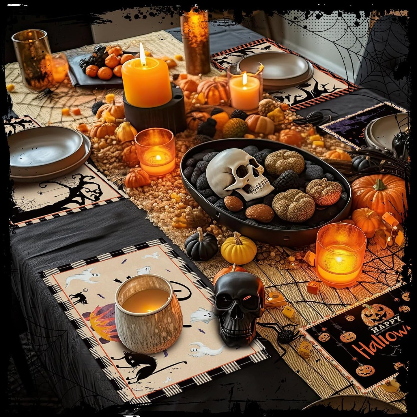 Umigy 6 Pcs Halloween Placemats 12"x18" Gothic Bat Placemats Kitchen Decoration Washable Witch Place Mats Rectangle Skull Table Mats for Halloween Dining Table Accessories(Classic)