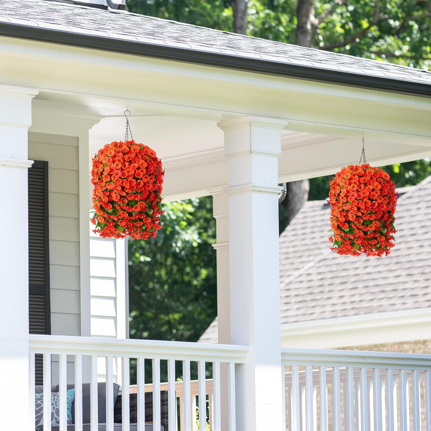 Artificial Fake Hanging Flowers Plants Baskets for Outdoor Fall Decoration, Faux Silk Orange Morning Glory in Planter UV Resistant Look Real for Home Porch Patio Balcony Yard Decor