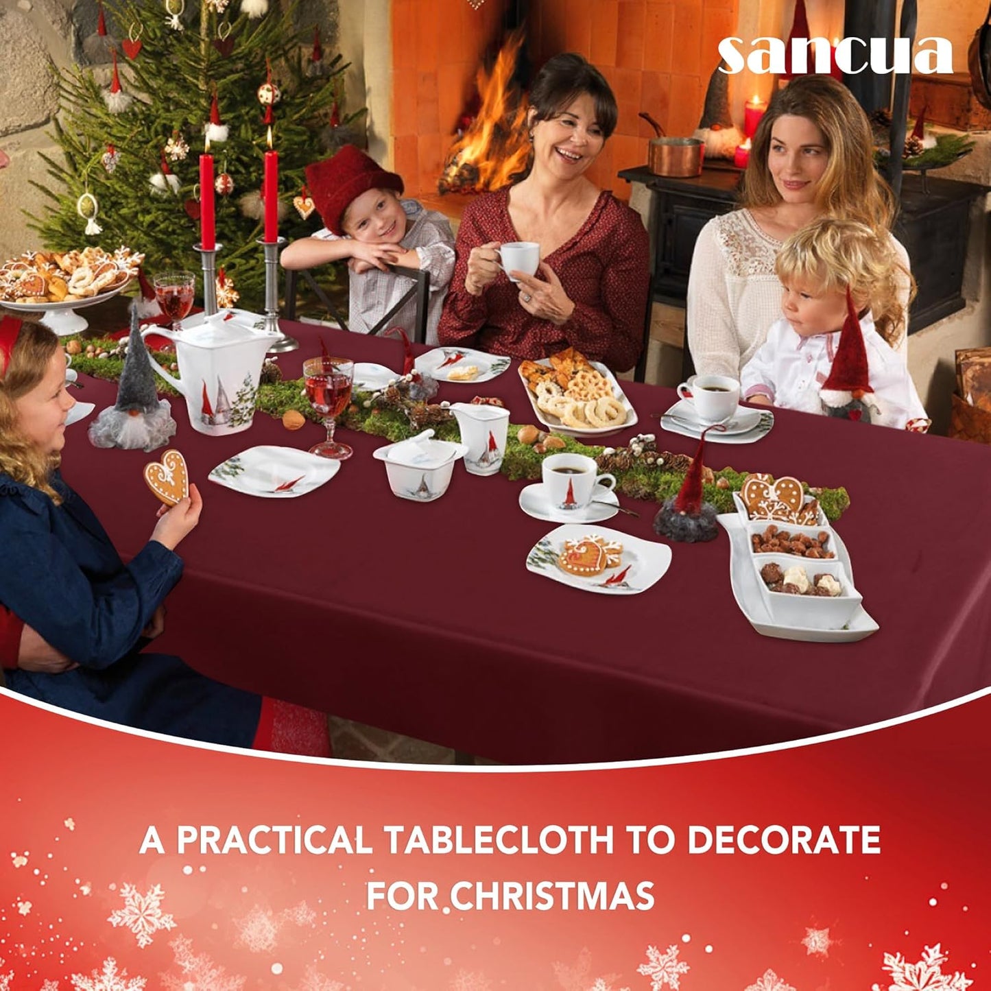 sancua Rectangle Tablecloth - 70 x 90 Inch - Stain and Wrinkle Resistant Washable Polyester Table Cloth, Decorative Fabric Table Cover for Dining Tables, Buffet Parties and Camping, Burgundy