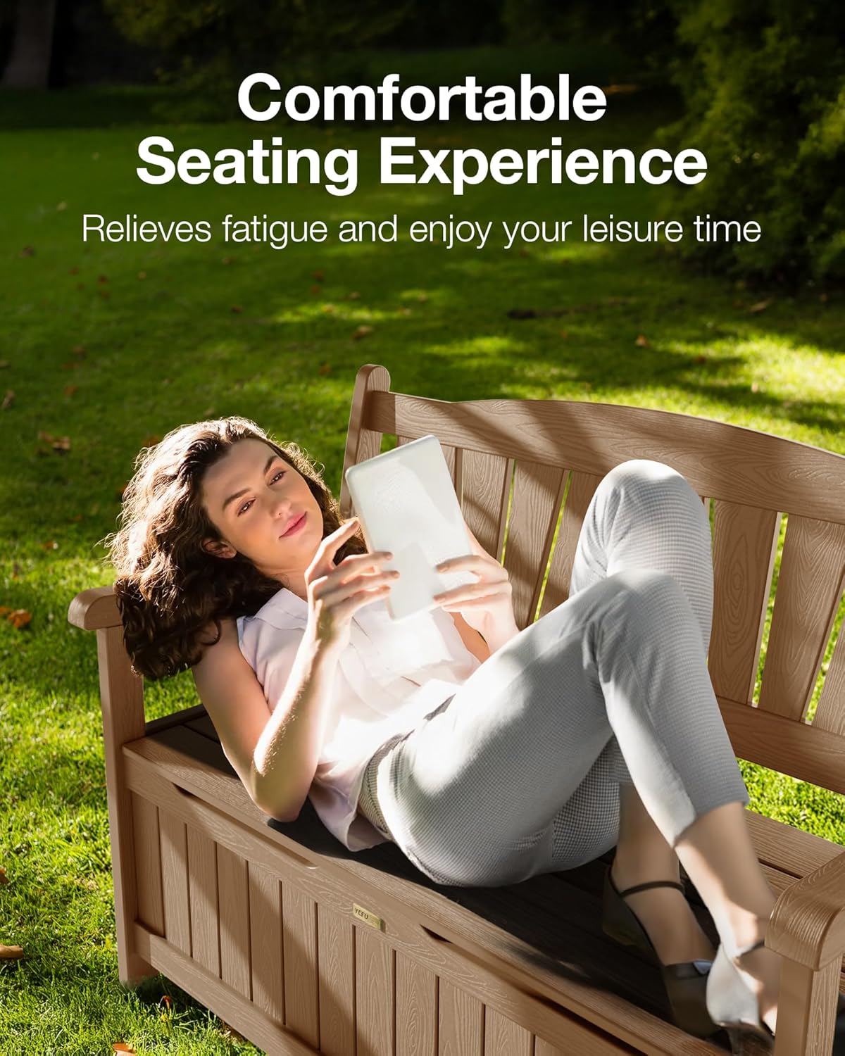 YEFU Outdoor Storage Bench for Patio: Heavy Duty Garden Bench Set of 2 with 96° High Backrest & Oversized Seating - HIPS Weatherproof Patio Bench with Storage for Porch Park Backyard, Teak