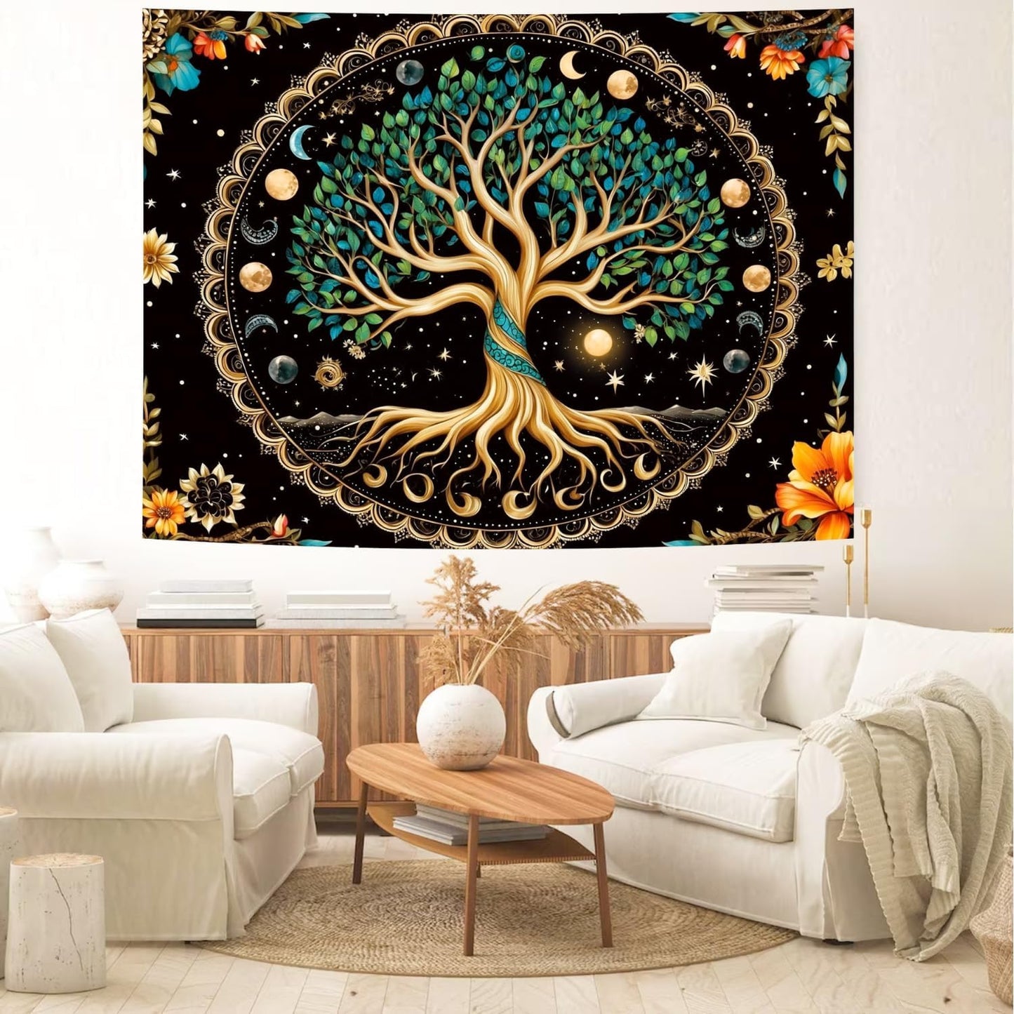 Delur Tree of Life Tapestry Moon Phase Nature Flower Plant Tapestry Wall Hanging Boho Mandala Spiritual Sun Aesthetic Psychedelic Headboard for Bedroom Living Room Home Decor (70.8" x 92.5")