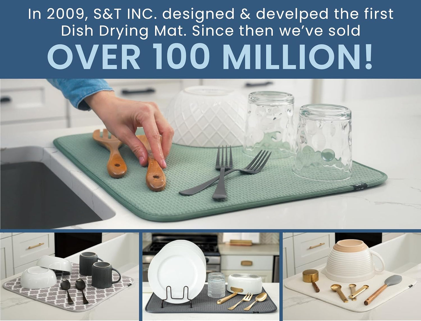 S&T INC. Dish Drying Mat XL, 18” x 24”, Absorbent Microfiber Kitchen Counter Mat, Dish Drying Pad for Dishes, Utensils, Pots and Pans, Extra Large, Stitched Plaid