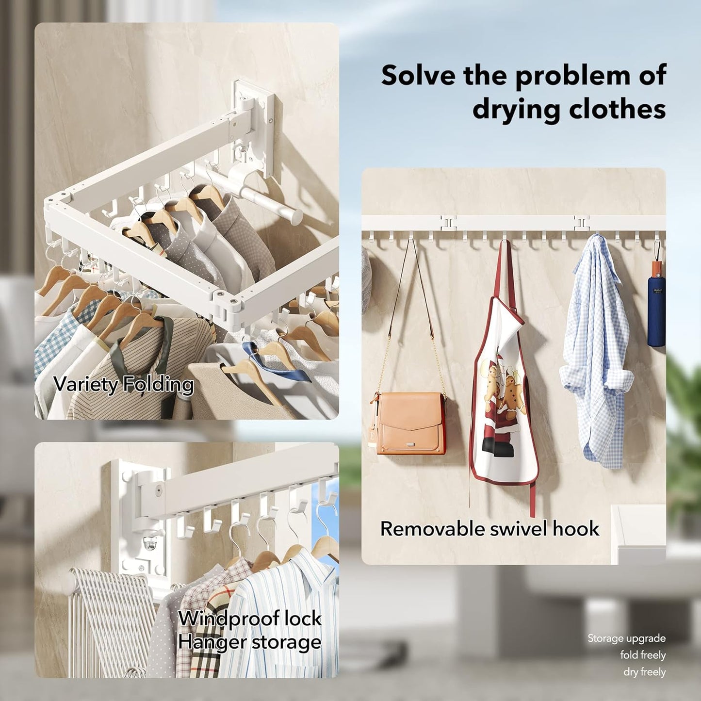 Wall Mounted Clothes Hanger Rack, Clothes Drying Rack,Laundry Drying Rack,Collapsible Clothes Rack Wall Mount, Retractable Drying Rack Clothing,can Fold Upward & Left & Right,White Color