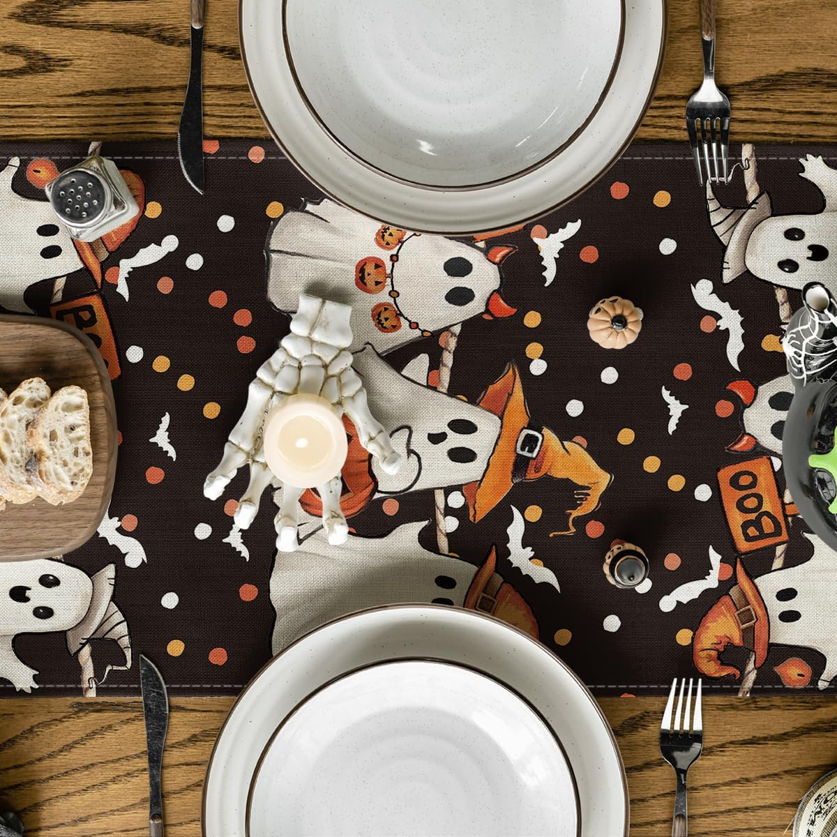 Artoid Mode Ghost Jack-O'-Lantern Black Cat Halloween Table Runner,Holiday Kitchen Dining Table Decoration for Home Party Decor 13 x 72 Inch