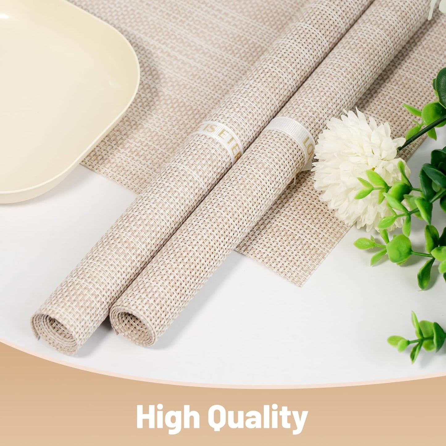 Placemats Set of 12，Non-Slip PVC Weave Table Mats Easy to Clean，Heat Resistant Place Mats for Kitchen Dining Table Decoration Indoor Outdoor，Beige White