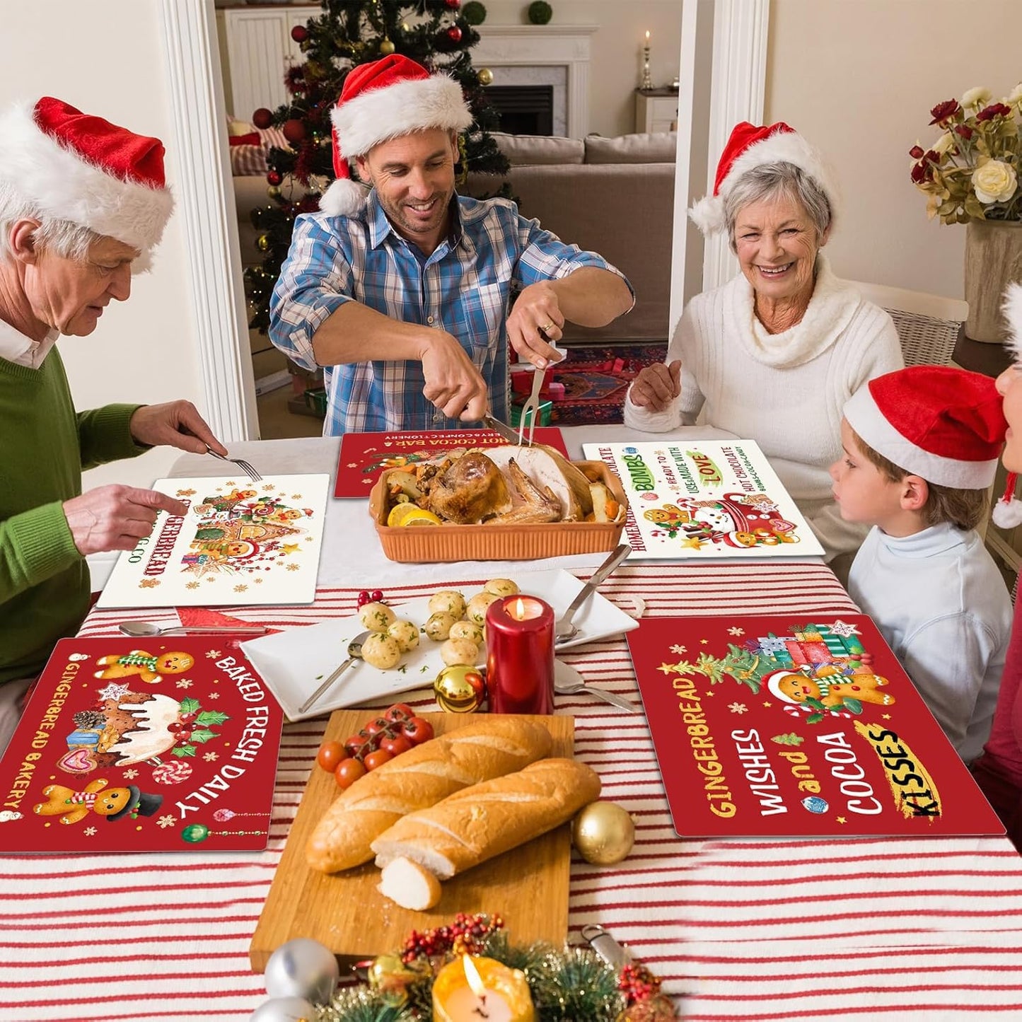 Gingerbread Christmas Placemats Set of 6 Gingerbread Candy Plastic Table Mats Hot Cocoa Place Mats Xmas Gnome Tree Washable Table Decoration for Indoor Outdoor Party Kitchen Dining