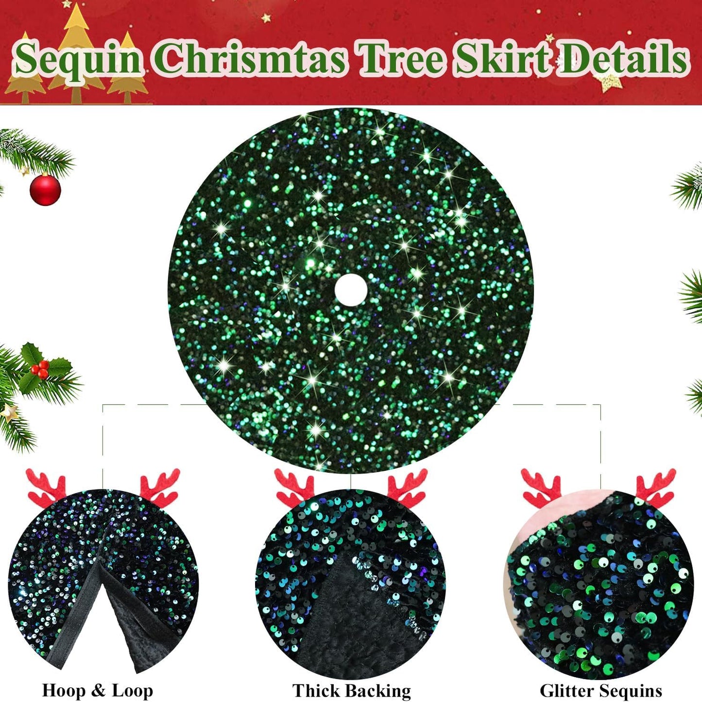 MODFUNS Green Christmas Tree Skirt Black 46 Inches Mermaid Sequin Tree Skirts Thick Velvet Tree Mat Artificial Glitter Tree Cover Skirt for 6FT Tree Shimmer Rustic Tree Skirt Fabric Decorations