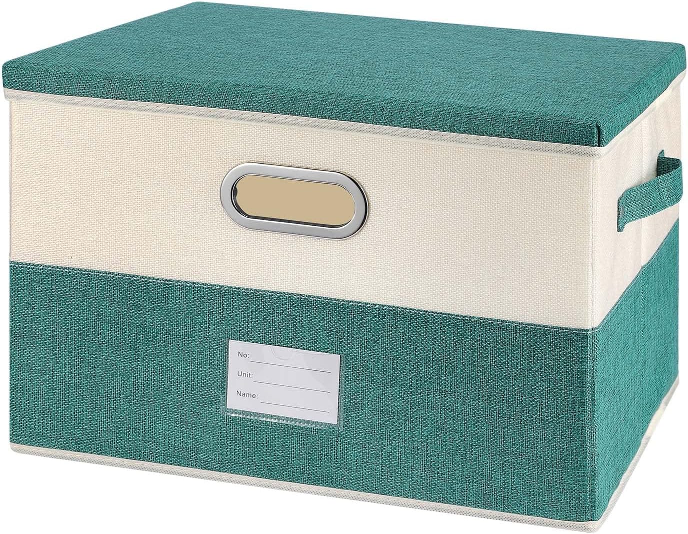 Large Linen Fabric Foldable Storage Bins with Removable Lid and Handles, Washable Storage Box Organizer Containers Baskets Cube with Cover for Bedroom,Closet,Office (Turquoise&Cream, Large)