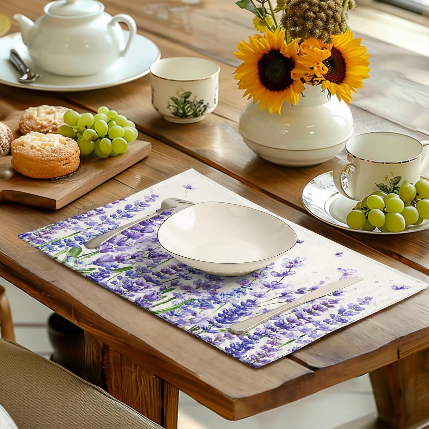 Lavender Placemats Set of 4 Purple Flower Butterfly Linen Fabric Table Mats Seasonal Spring Summer Rustic Floral Placemat Farmhouse Decorative Washable Place Mats for Home Kitchen Dining Table