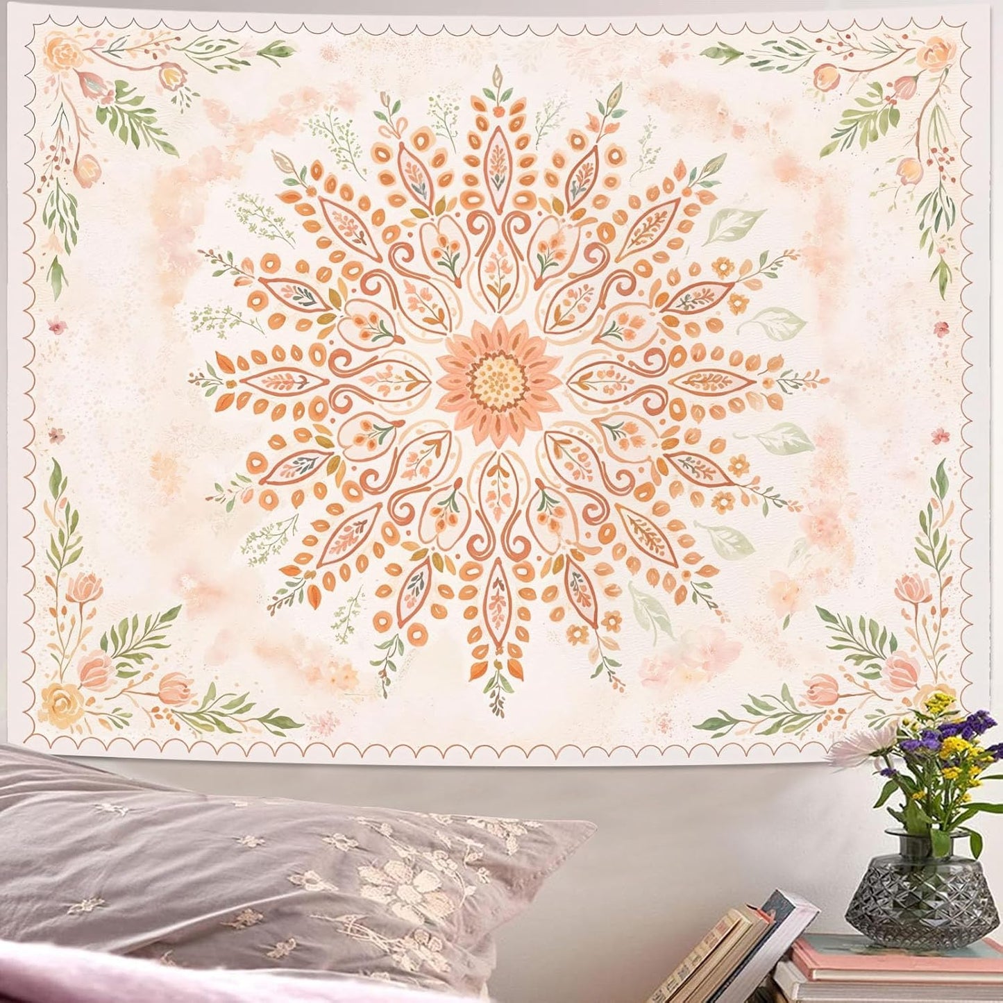 Lunerfex Floral Mandala Tapestry Boho Tapestry for Bedroom Peach Tapestries Wall Hanging Living Room Wall Art and Home Decor 44x60