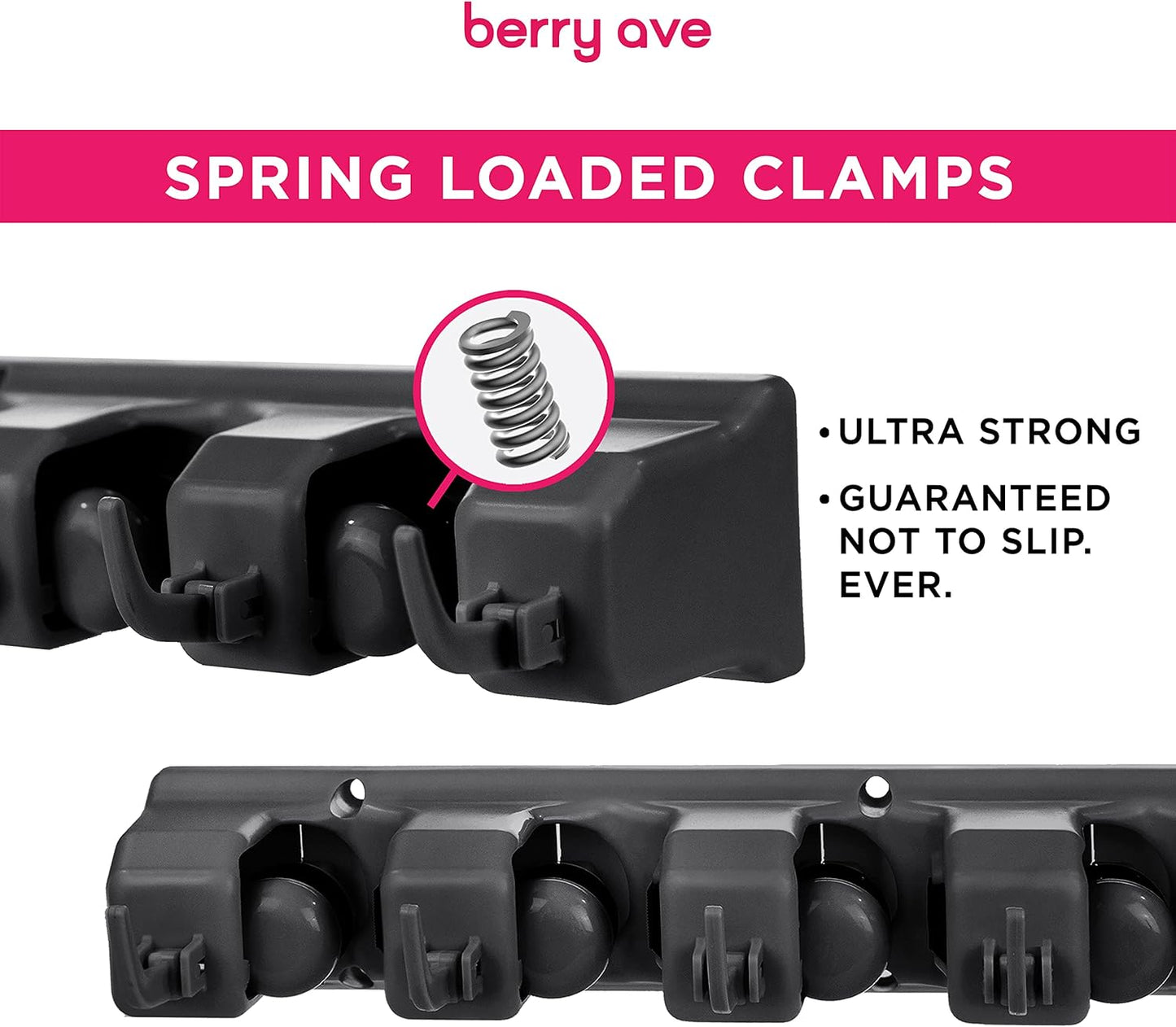 Combo 5 Slot Broom Holder w/ 1 Self Adhesive Mop Gripper No-Drilling, Wall Mount Tool Organizers For Kitchen, Garage, Laundry Room- Anti-Slip Hanger For Brooms, Mops, Rakes, Dustpans (Black / Black)