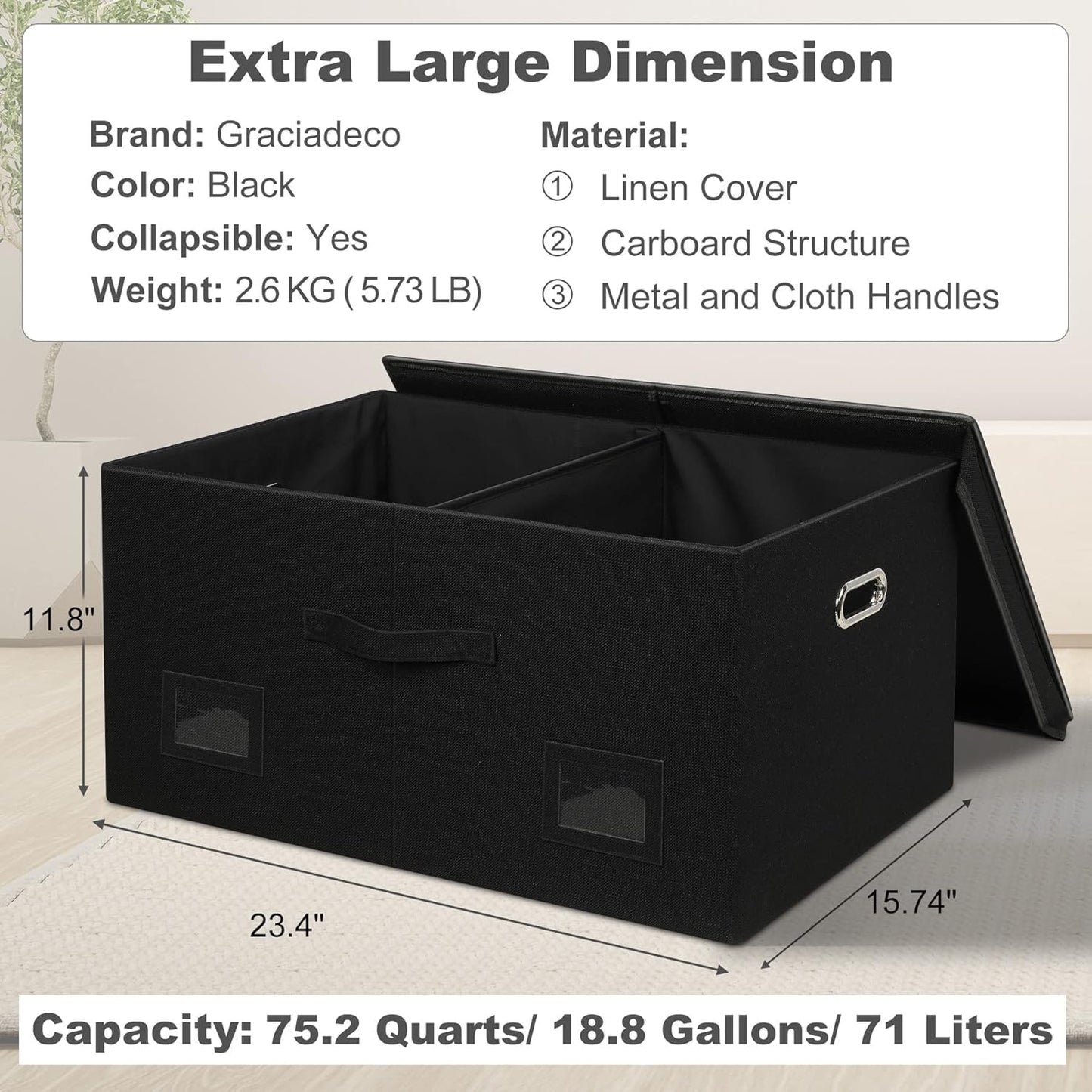 75 Quarts Extra Large Decorative Storage Bins with Lids, 3 Packs Black Collapsible Storage Bins with Lids, Stackable Storage Bins Decorative Box Storage With Lid Extra Large