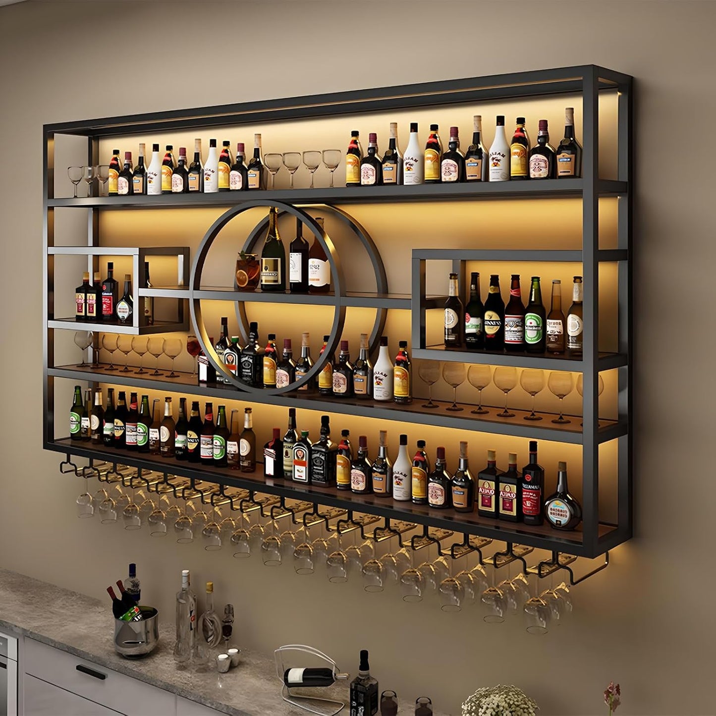 63in Wall Mounted Wine Rack, Modern Metal Wine Bottle and Glass Holder, Iron Display Stand Decorative Wine Rack, for Bar Living Room Dining Room Background (Black, 63 * 8 * 51INCHES)