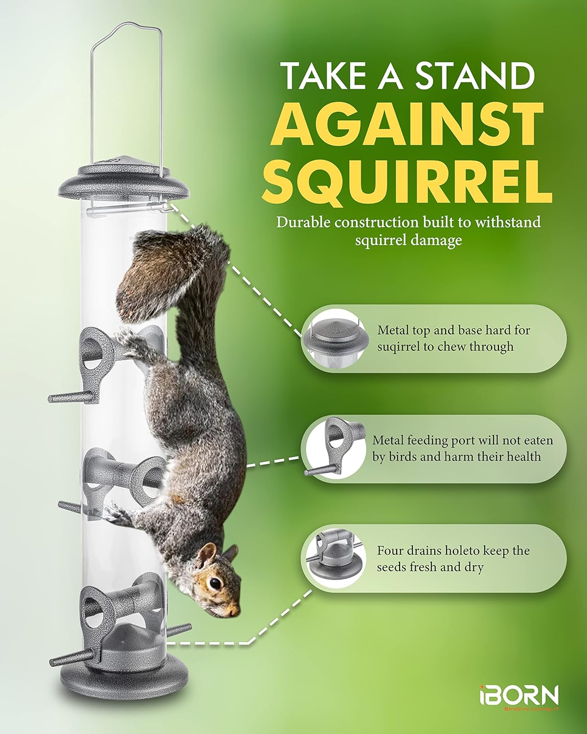 iBorn Metal Bird Feeder Hanging Wild Bird Seed Feeder for Mix Seed Blends Heavy Duty All Metal Silver Finish,14 Inch 6 Port(Seed is not Included)