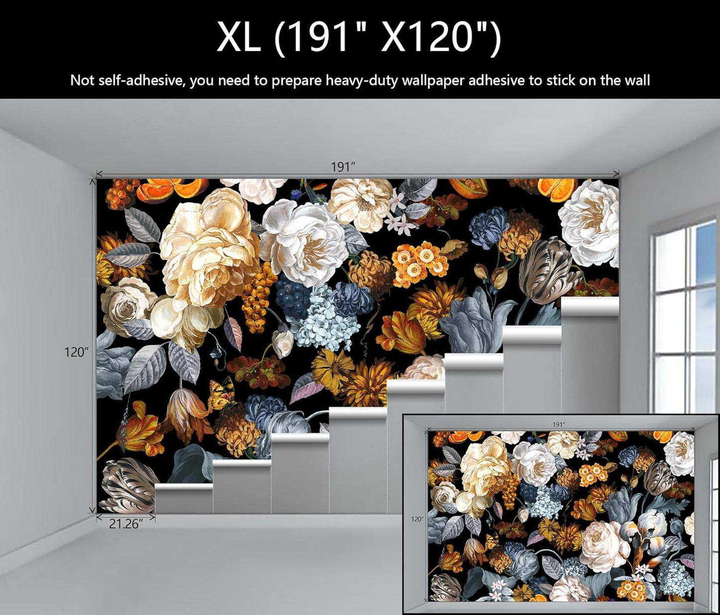 WFBHUA-Black and Gold Floral Wallpaper for Bedroom Vintage Blue Peony Flower Wall Mural (Not Peel and Stick)