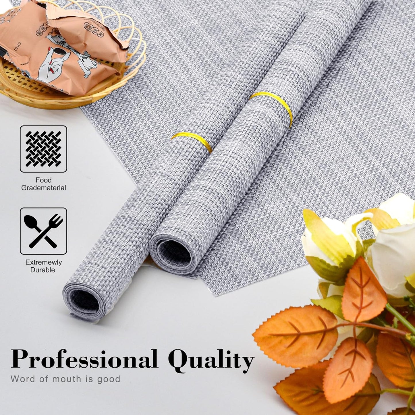 CADONO Placemats Set of 4 Washable Indoor/Outdoor Vinyl Place Mats for Dining Table Durable Non-Slip Heat Resistant PVC Weave Table Mats（Gray）