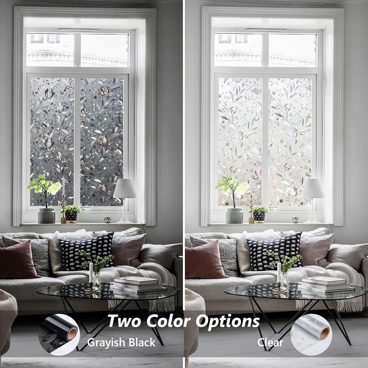 Kromapolis Window Film, Window Privacy Film Frosted, Vinyl Glass Covering, Stained Glass Decorative Film, Static Window Clings, Non-Adhesive (Grayish Black, 29.5 x 157.4 inch)