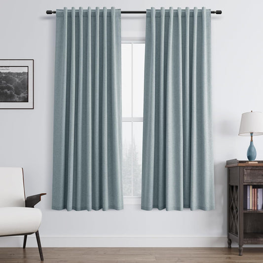 BOODII 63 Inch Blackout Curtains Linen Black Out Curtains for Bedroom 2 Panels Set Neutral Room Darkening Curtain Stone Blue Thermal Insulated Curtain for Nursery Window Drapes Back Tab 52x63