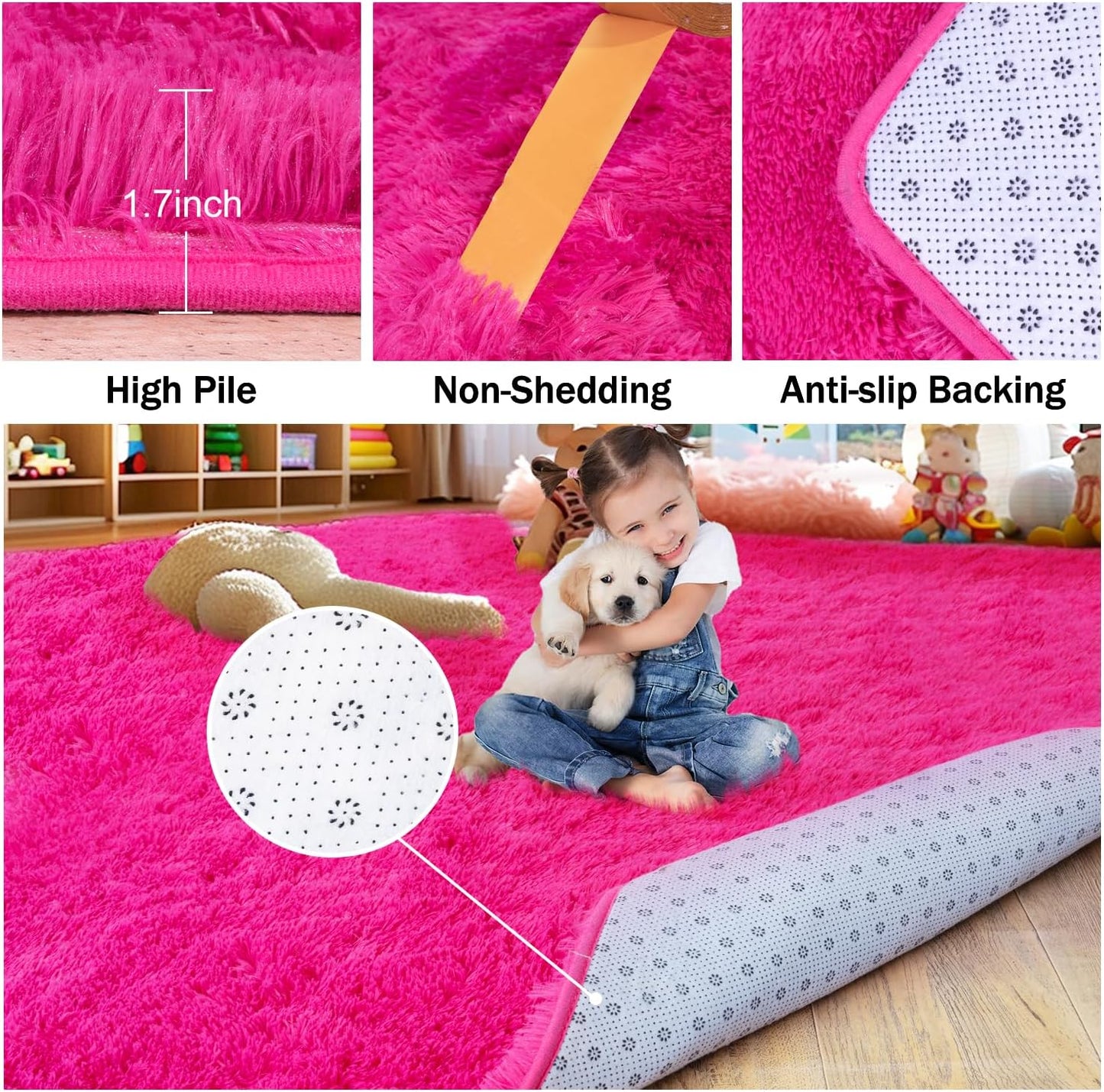 Rezutan Soft Fluffy Rug for Living Room Bedroom, Large Comfy Modern Shaggy Fuzzy Plush Indoor Nursery Classroom Home Decor Bedside Rug with Non-Slip Bottom, Hot Pink, 8 X 10 Feet