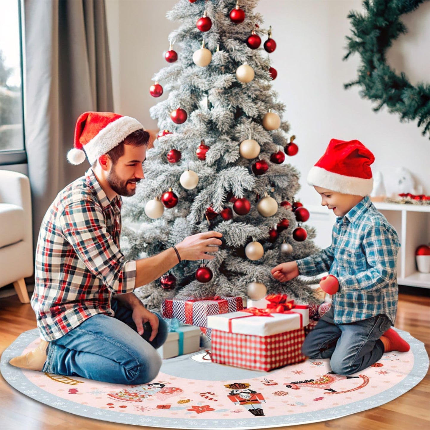 48" Large Christmas Tree Skirt, Nutcracker Candy Pattern Tree Mat Base Cover for Xmas Festive Holiday Party Decoration Ornaments