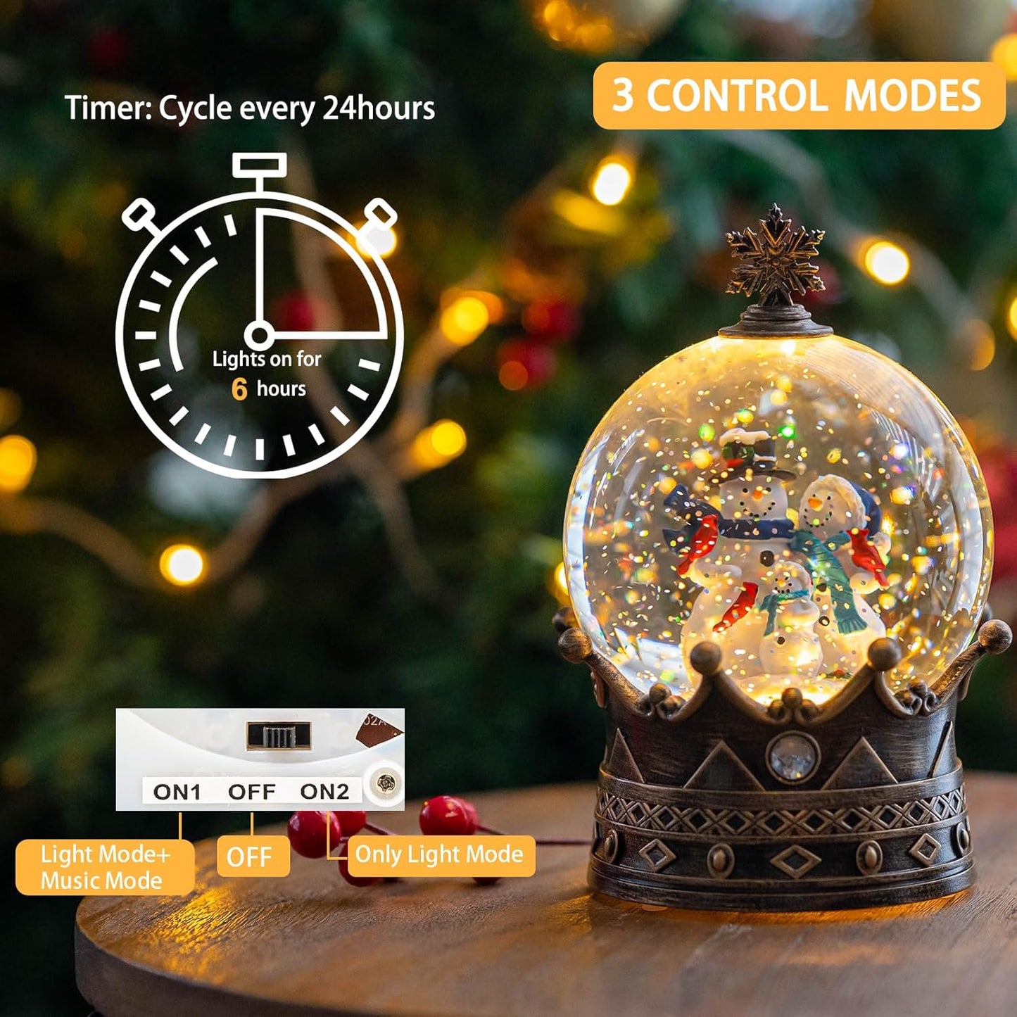 Christmas Snow Globe Lantern Water Glittering Snowman Family Crown with Music, USB Lined/Battery Operated Lighted Lantern for Christmas Festival Decoration Gifts