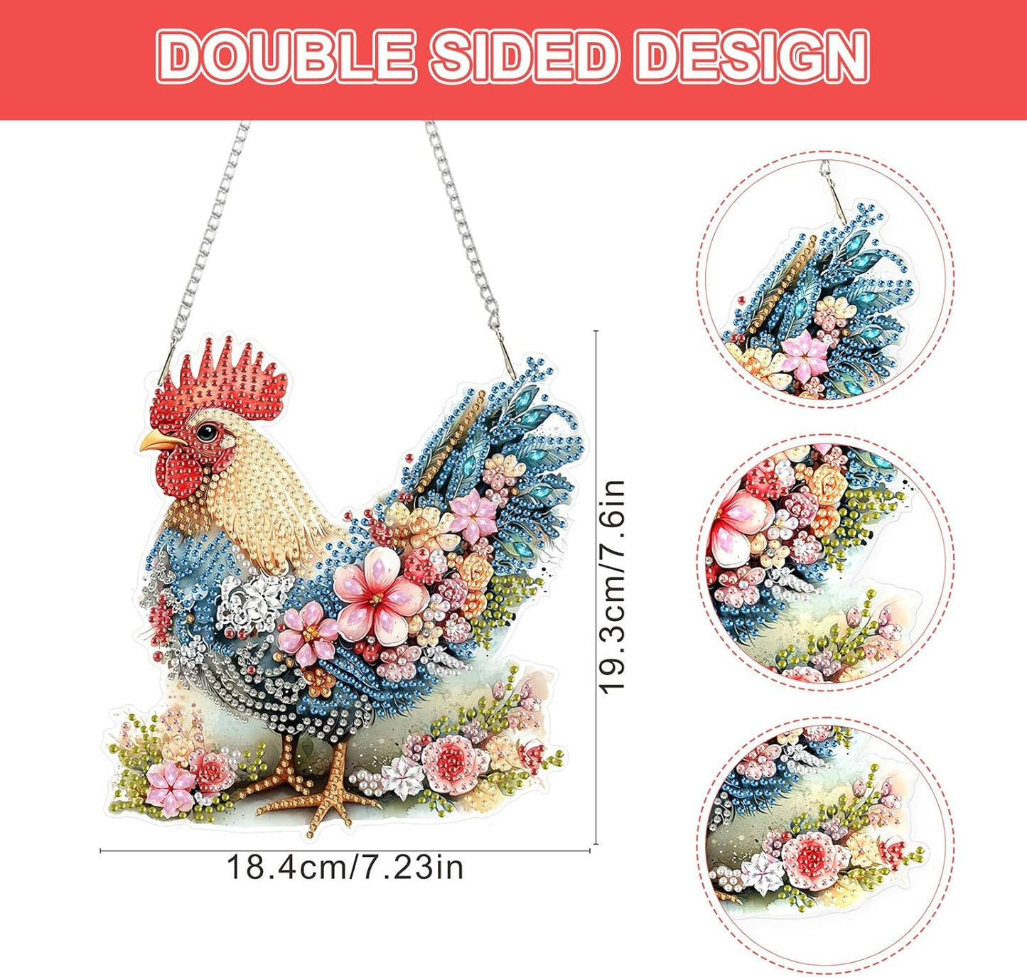Lxmsja DIY Chicken Flowers Diamond Painting Hanging Ornament, Double-Sided Acrylic Sceney Diamond Art Kit, Special Shaped Drill Pendant Window Art Kit, Suncatcher Hanging Craft Decoration 8x7 inch