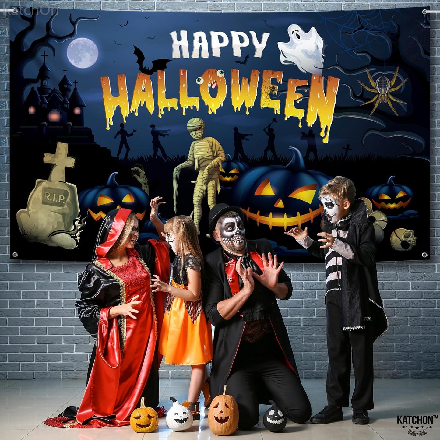 KatchOn Spooky Happy Halloween Banner - XtraLarge, 72x44 Inch | Pumpkin Backdrop for Parties, Party Decorations | Blue Photo Backdrop, Skull Decorations Indoor