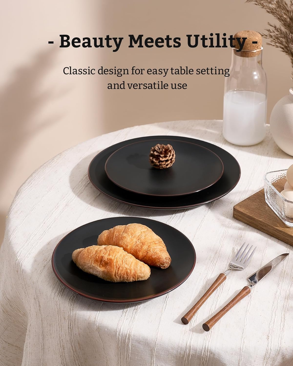 Famiware Venus Plates and Bowls Sets, 12 Pieces Stoneware Dinnerware Sets, Dishes Set for 4, Microwave and Dishwasher Safe, Matte Black