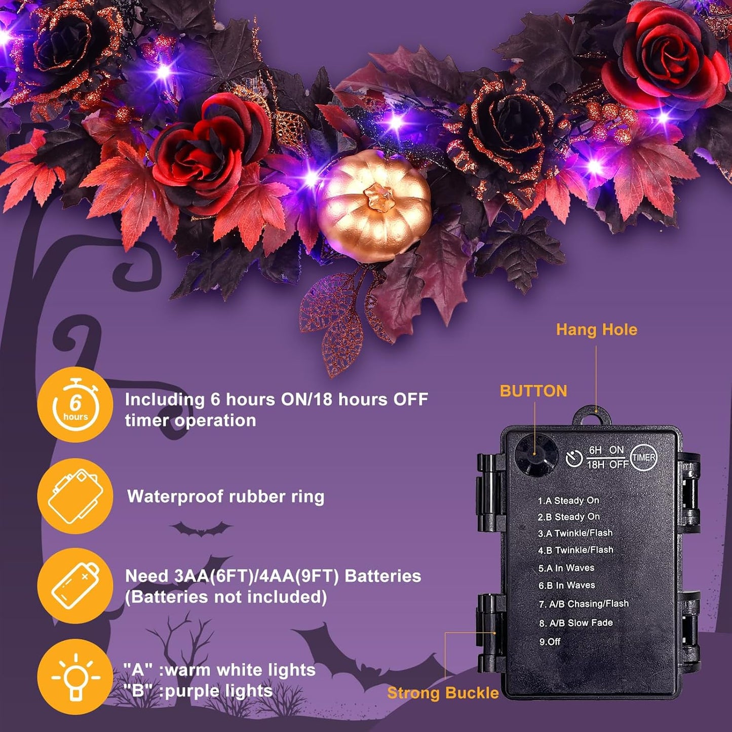 SHareconn 2 Pcs 6FT Halloween Garland with Purple Lights Battery Operated and Timer, Pre-Lit Black Red Maple Leaves Lighted Garland Decorations for Fireplace Mantle Centerpiece Indoor Outdoor Decor