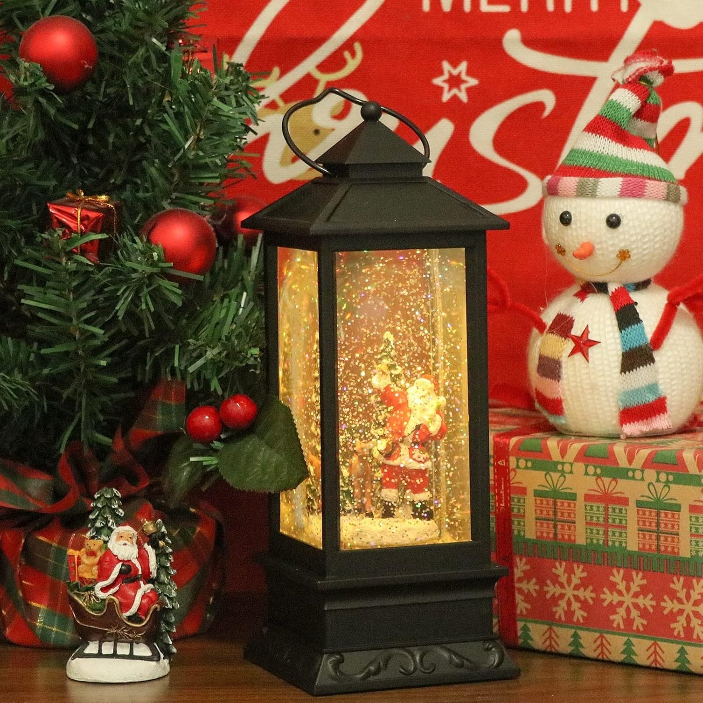Eldnacele Christmas Snow Globe Lantern with Music, Battery Operated Lighted Swirling Glitter Water Lantern with Timer for Christmas Home Decoration, Santa