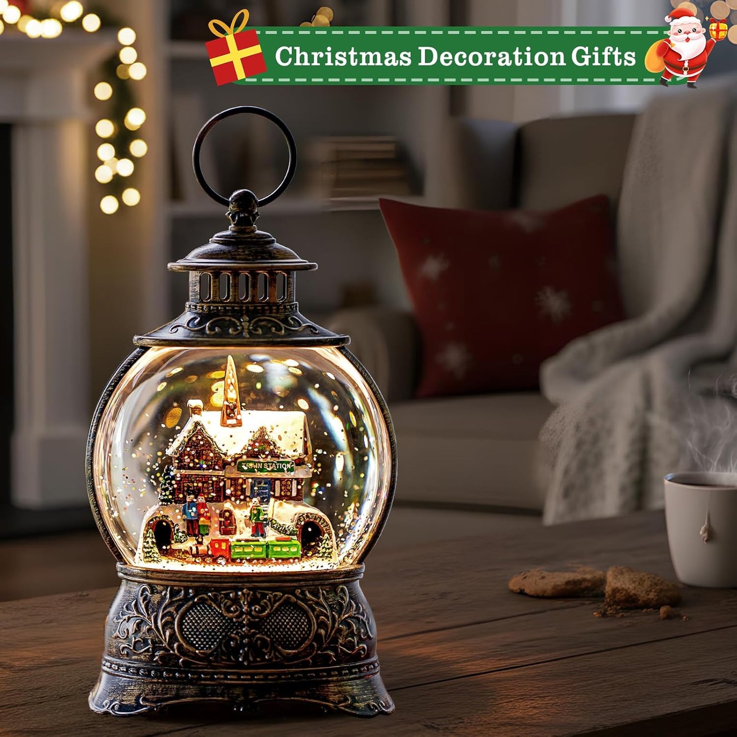Christmas Snow Globes Christmas Water Lantern with Station Train, Music & 6H Timer, USB Lined/Battery Operated Lighted Lanterns for Xmas Festival Decoration Gifts
