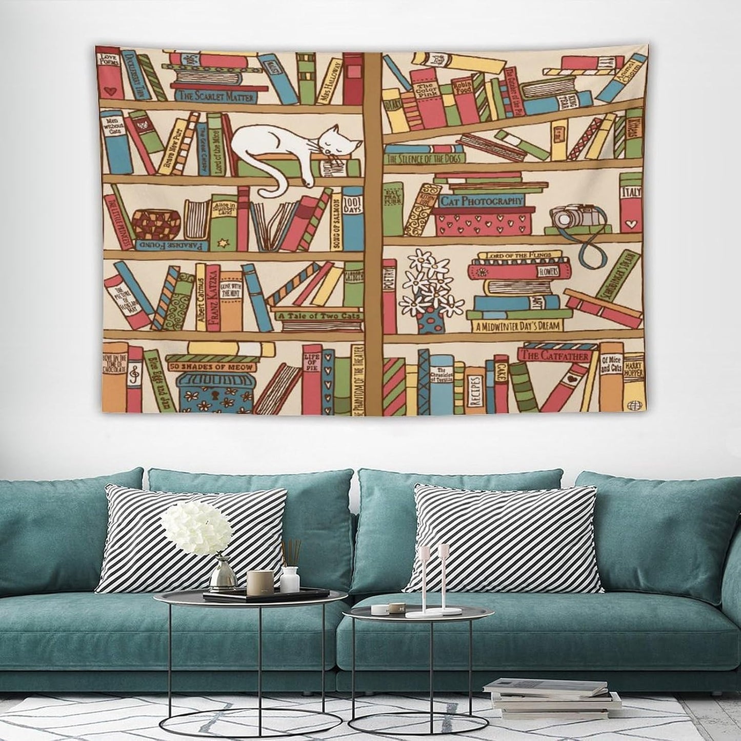 Kurtect Bookshelf Tapestry,Cute Cartoon Cat Sleeping Library Theme Pattern Print Tapestries for Party Beach Picnic Blankets Tablecloths Living Room Wall Deocr, 60x90 in