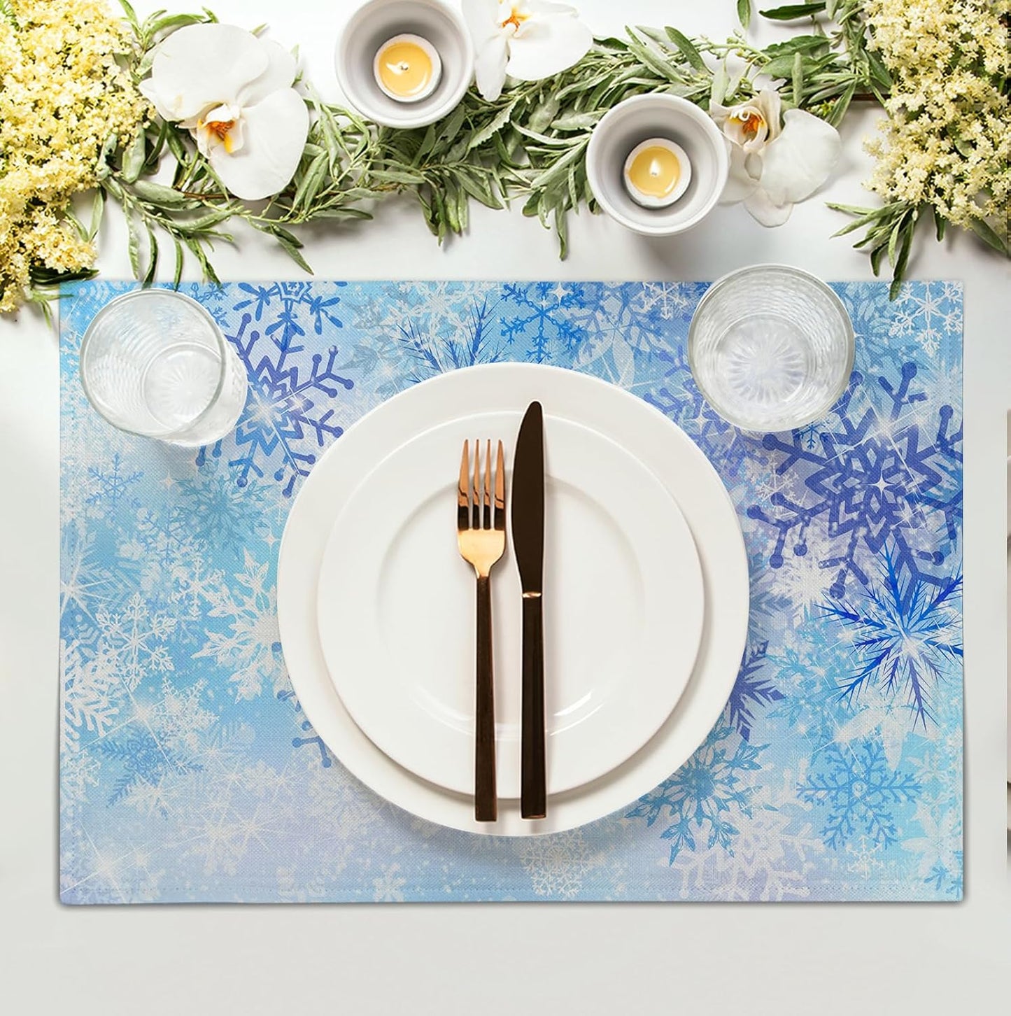 Blue Snowflake Winter Placemats Set of 4 Xmas Snow Place Mat Merry Christmas Linen Fabric Table Mats Washable Heat Resistant Placemat for Farmhouse Kitchen Dining Party Decoration