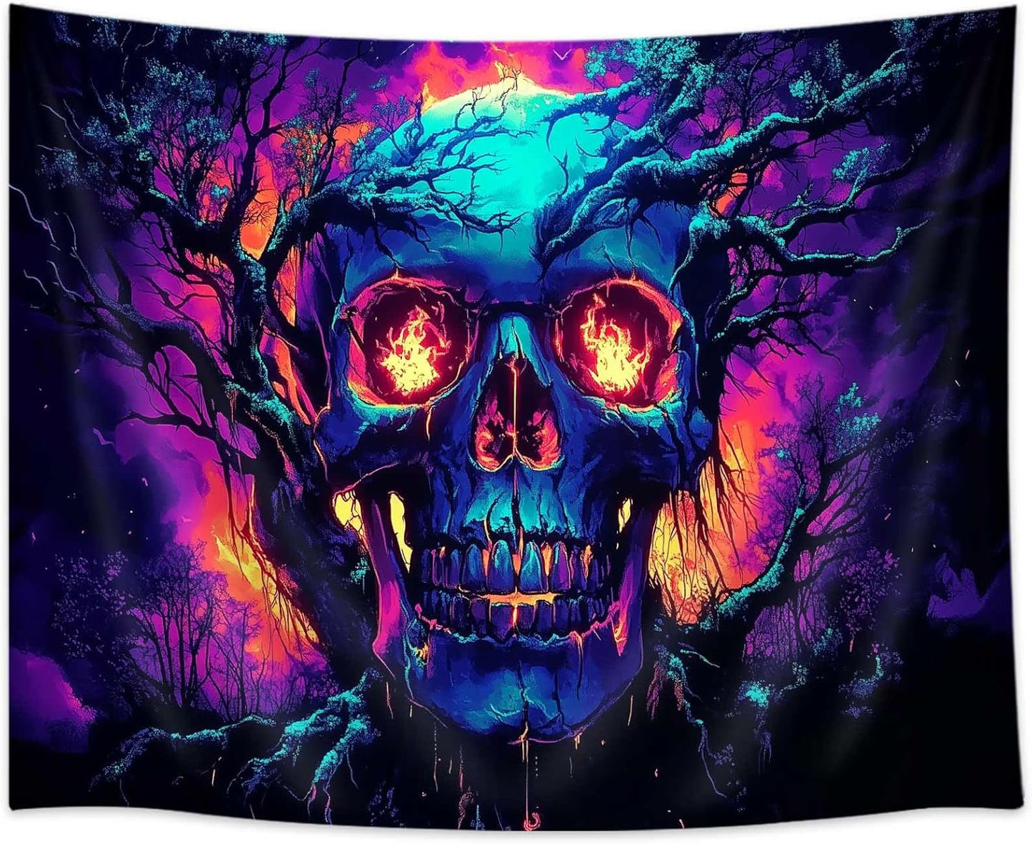 Xiaoput Blacklight Fire Skull Tapestry for Bedroom, Trippy UV Reactive Burning Skeleton Forest Wall Hanging Tapestries, Scary Dark Horror Glow in the Dark Tapestries for Living Room Home Dorm 90X70IN