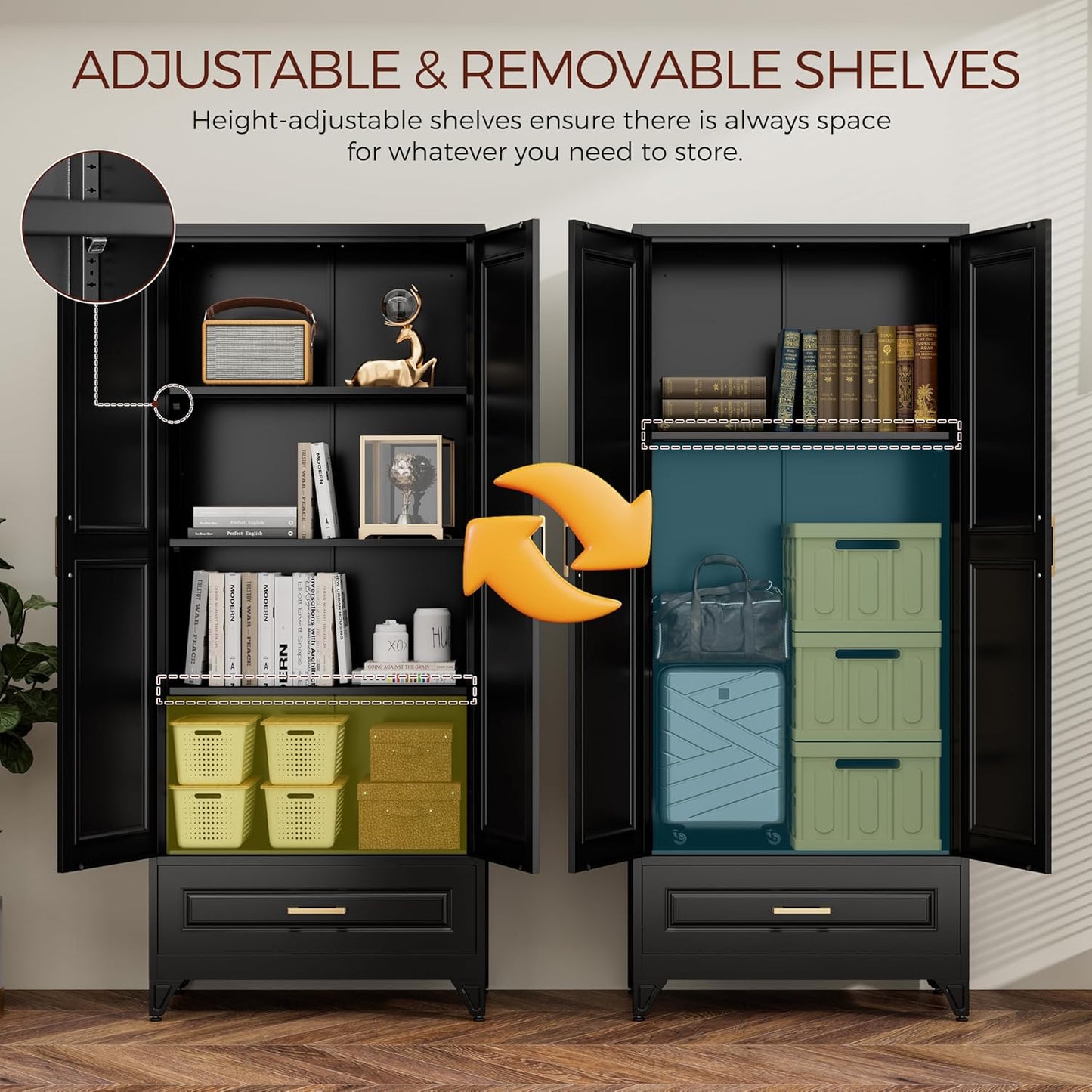 75" Kitchen Pantry Cabinet with Drawer, Metal Storage Cabinets with Doors and Adjustable Shelves, Black Tall Pantry Cabinet for Dinning Living Room, Home Office