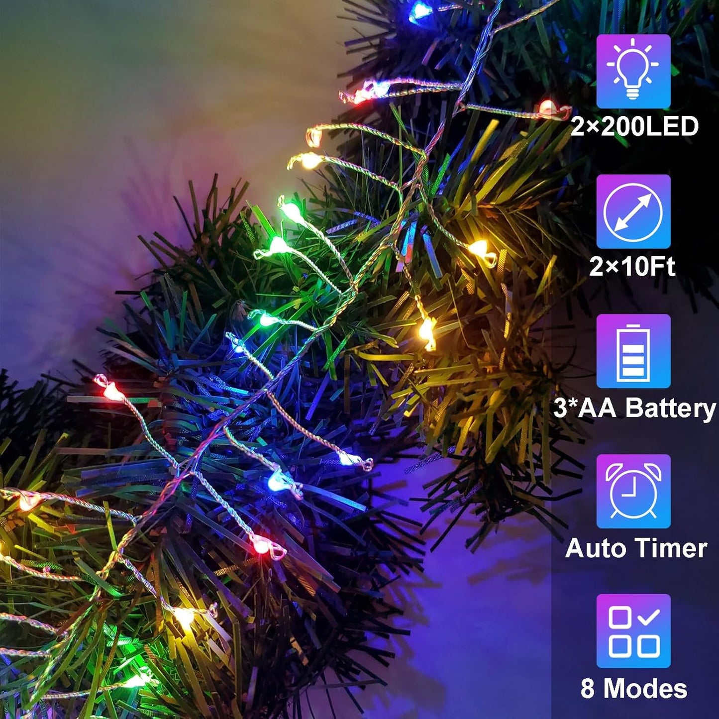 2 Pack Cluster Fairy Lights Battery Operated, Total 20Ft 400LED Christmas String Lights with Timer 8 Modes Twinkle Firecracker Fairy Lights for Garlands Tree Wedding Outdoor Decor (Multicolor)