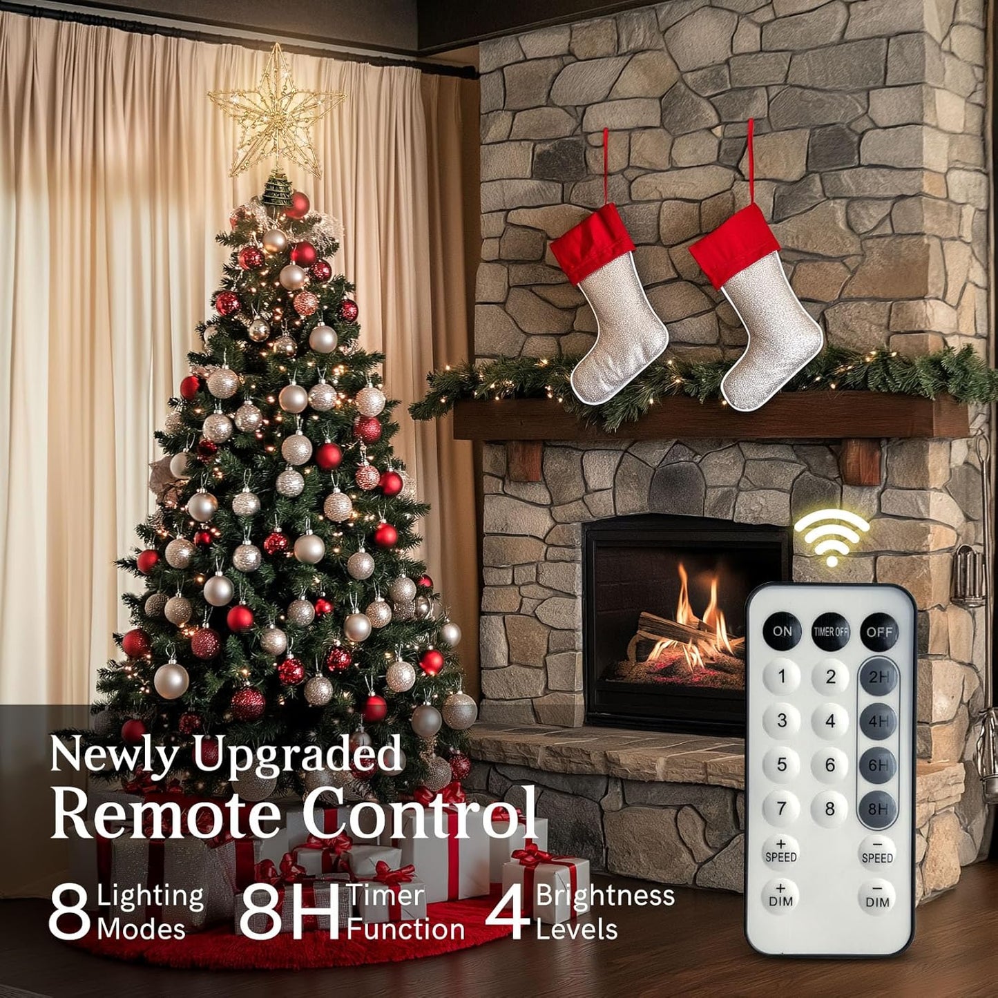 Christmas Tree Topper Star, 50 Warm LED Lights Star Tree Toppper with Glittered Pearl Beads for Christmas Tree Decorations and Xmas Holiday Seasonal Decor, Gold