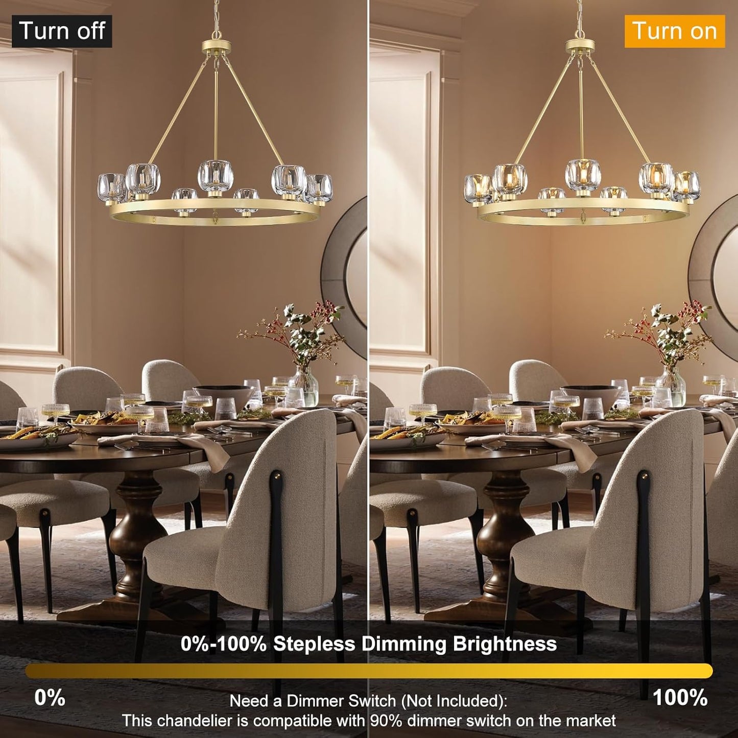 Gold Wagon Wheel Chandelier, 36 Inch Brass Chandeliers with Unique Glass Shade, 9-Light Crystal Farmhouse Wagon Wheel Chandeliers for Dining Room, Round Chandelier for Living Room, Foyer, Entryway