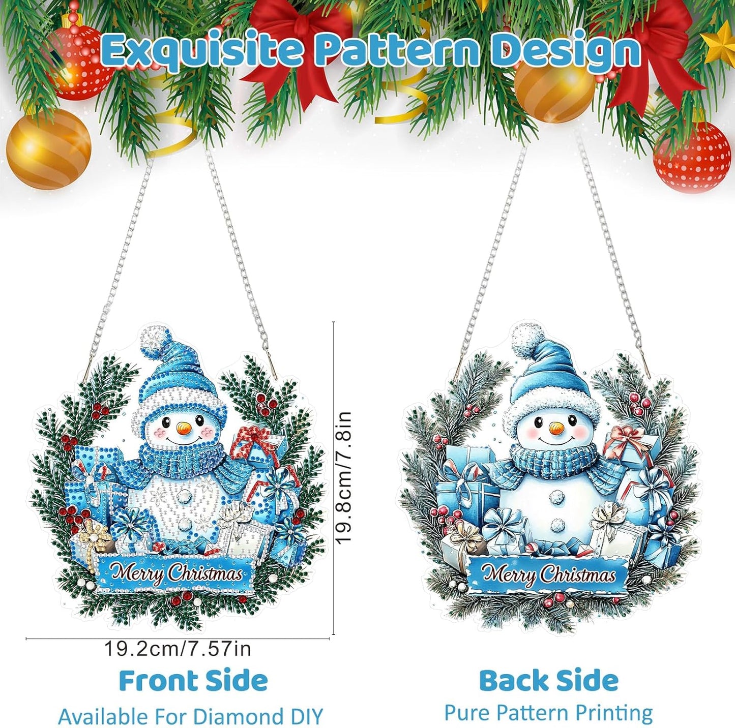 MEIYUDA Christmas Hanging Diamond Art Kits for Adult, Snowman Wreath Diamond Painting Hanging Kits Ornaments, DIY Special Shaped Rhinestone Window Pendants kit for Home Garden Wall Decor Gift