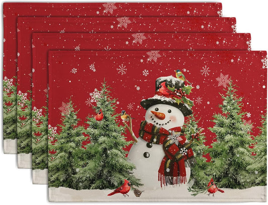 Snowman Christmas Red Placemats Set of 4 Xmas Tree Cardinal Snowflakes Linen Table Mats Seasonal Winter Holiday Place Mats Washable Placemat for Party Kitchen Dining Outdoor Indoor Decor