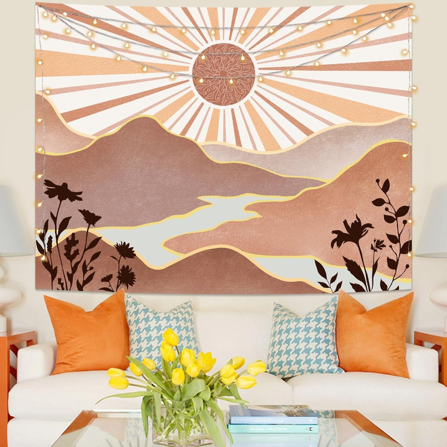 Lunerfex Boho Sun Tapestry Sunset Wall Tapestry, Mountain Tapestries for Bedroom 80s Tapestries Wall Hanging for Bedroom Living Room Decor Boho-1 70"x90"