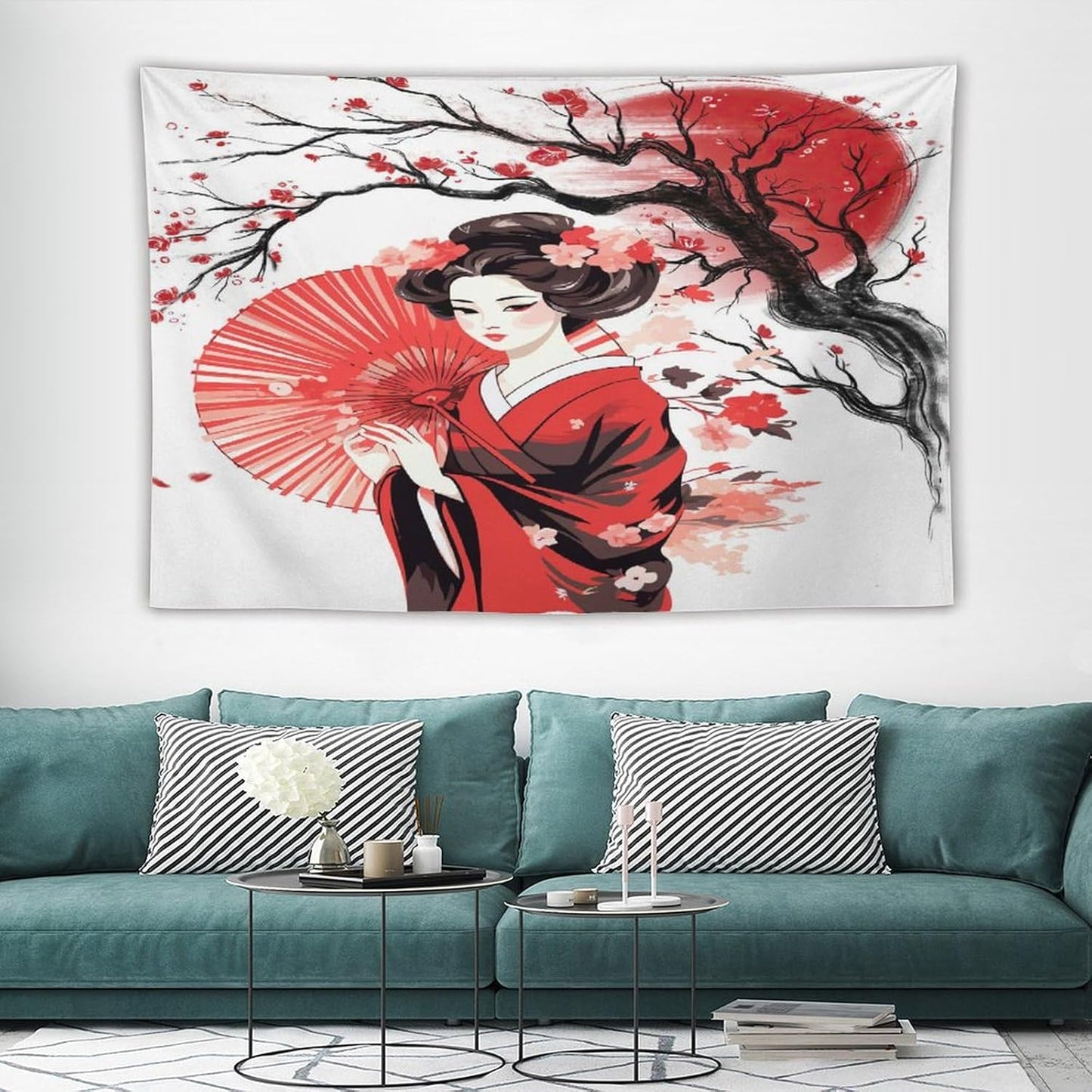 Japanese Red Geisha Tapestry Asian Cherry Blossom Traditional Kimono Folk Tapestries Home Decor for Living Room Bedroom Apartment Farmhouse Dorm 60"x40"