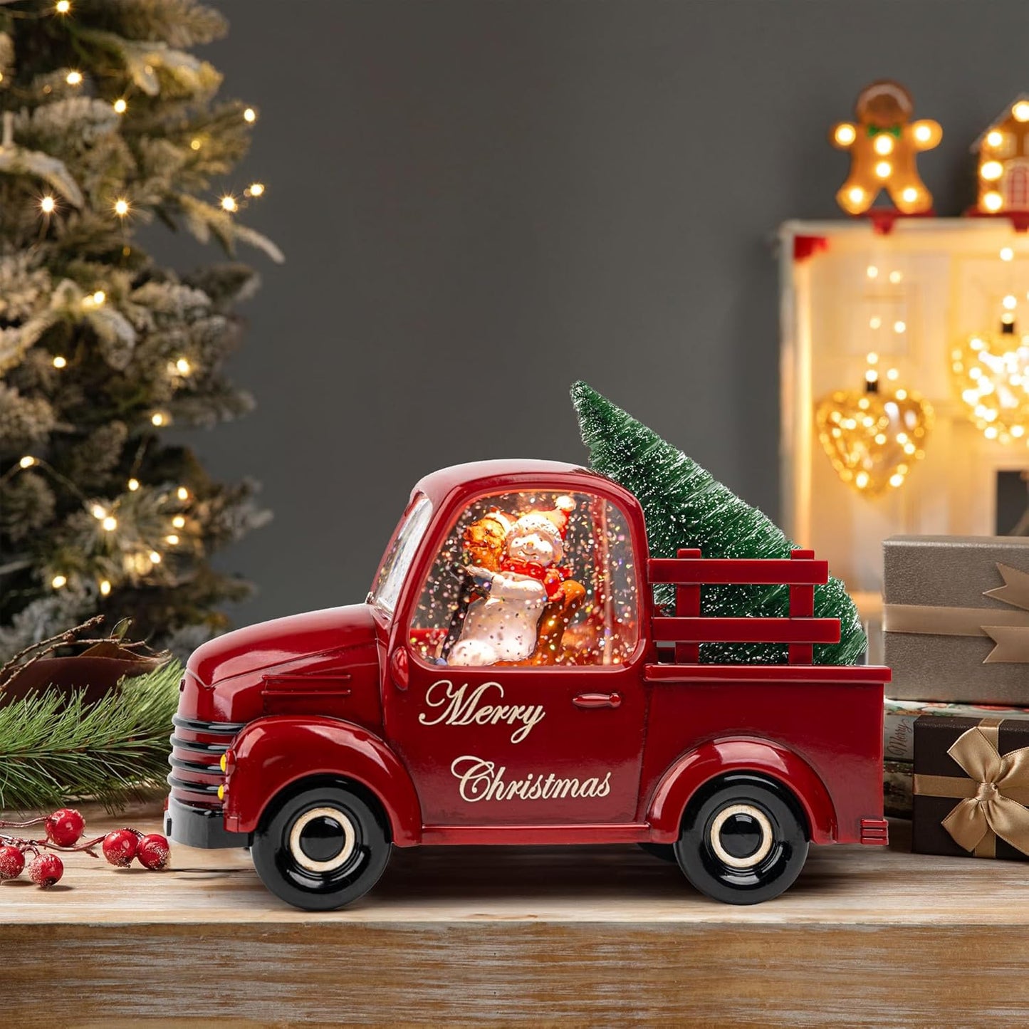 Christmas Snow Water Lantern Glittering Snowman and Pup in Red Truck with Christmas Tree, USB Lined/Battery Operated Lighted Spinning Lantern for Christmas Festival Decoration Gifts