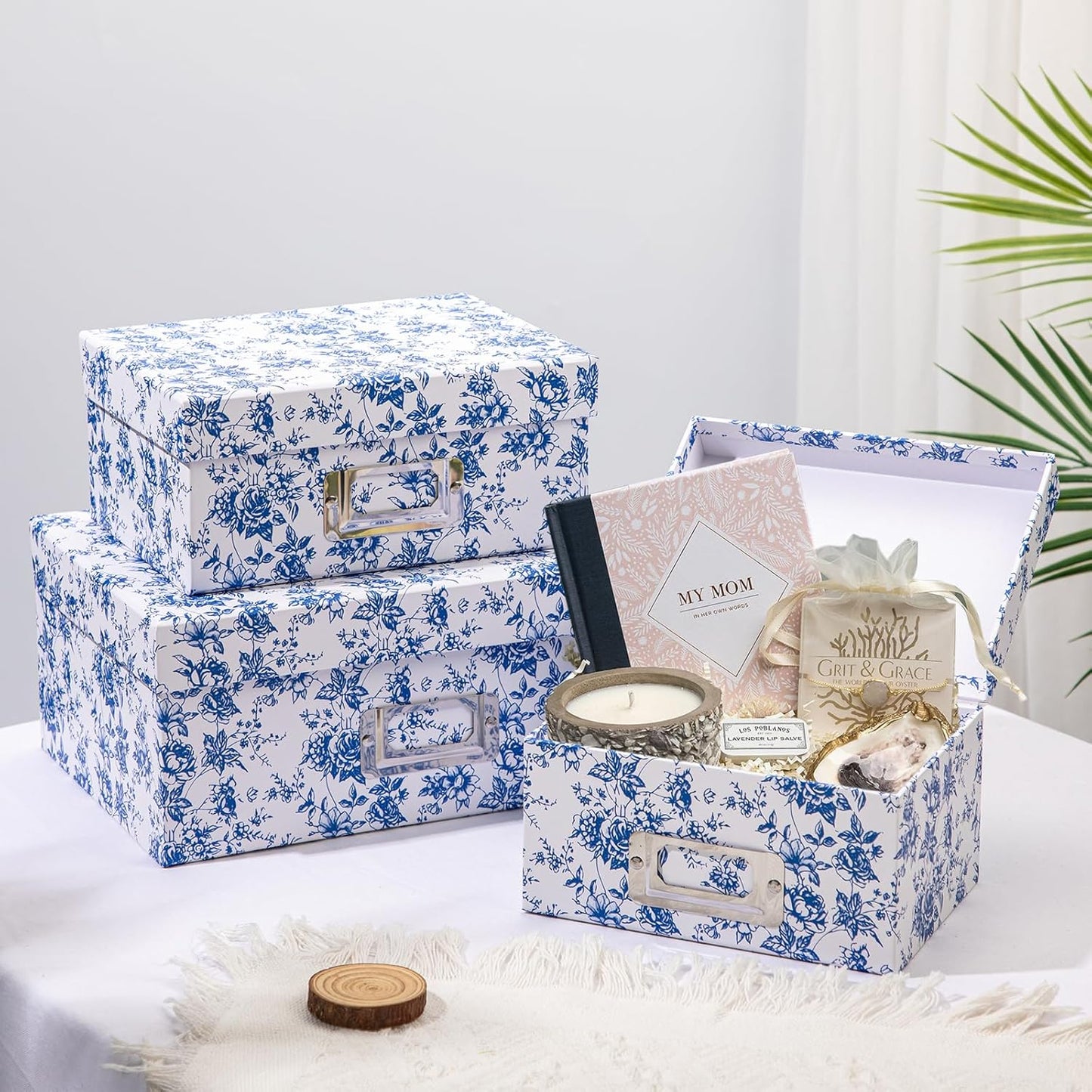 Briful Blue and white Porcelain Storage Boxes, Photos Storage Boxes with Lids 4 in 1 Set Water-proof Gift Boxes Sets Decorative Multiple Size Storage Bins for Clothes/Shoes/Office/Cosmetic/Books
