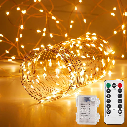 2 Pack 65.6 Ft. Battery Operated Outdoor String Lights with Remote & Timer, LED Warm White Fairy Lights, Waterproof Twinkle Lights for Bedroom, Dorm, Mason Jar, Wedding, Party, Christmas
