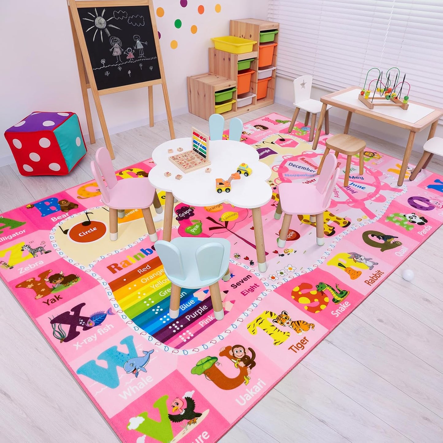 Kids Rugs for Playroom Bedroom Classroom Nursery, Non-Slip and Washable Rugs for Children Toddlers Girls, Educational and Fun Rug Carpets with ABC Alphabet Animals Shapes, 7x10, Pink