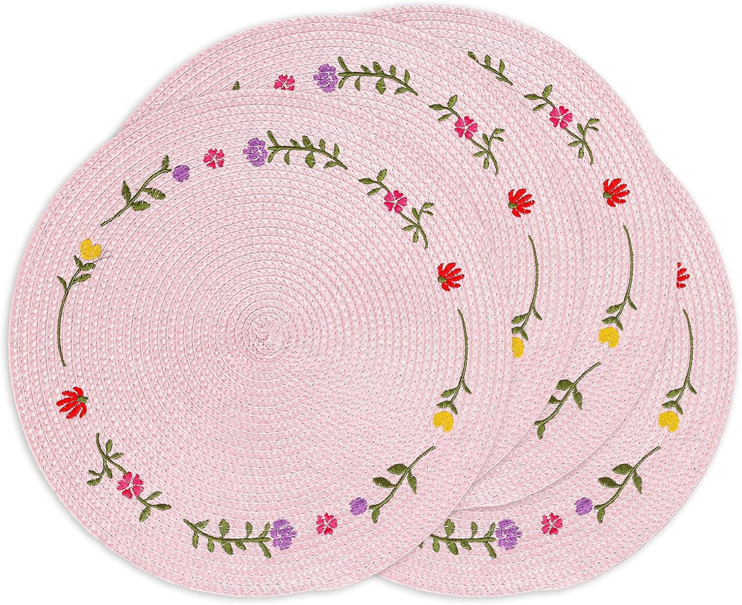 Whaline 4Pcs Round Placemats Spring Flower Embroidered Place Mats Pink Floral Dinner Table Mats for Home Holiday Wedding Bridal Baby Shower Birthday Party Decor